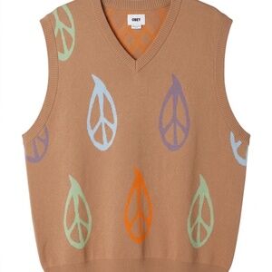 Obey Peace Sign "Peaced" Knit Sweater Vest - XXL - Tan/Multi